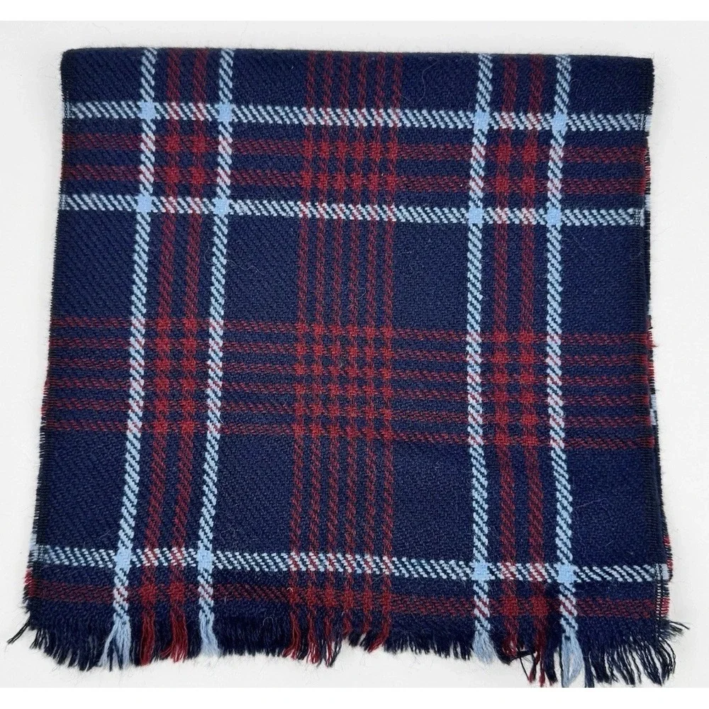 VTG Wool Mohair Unisex Navy Red Tartan Plaid Scarf‎ Classic Preppy Made in USA